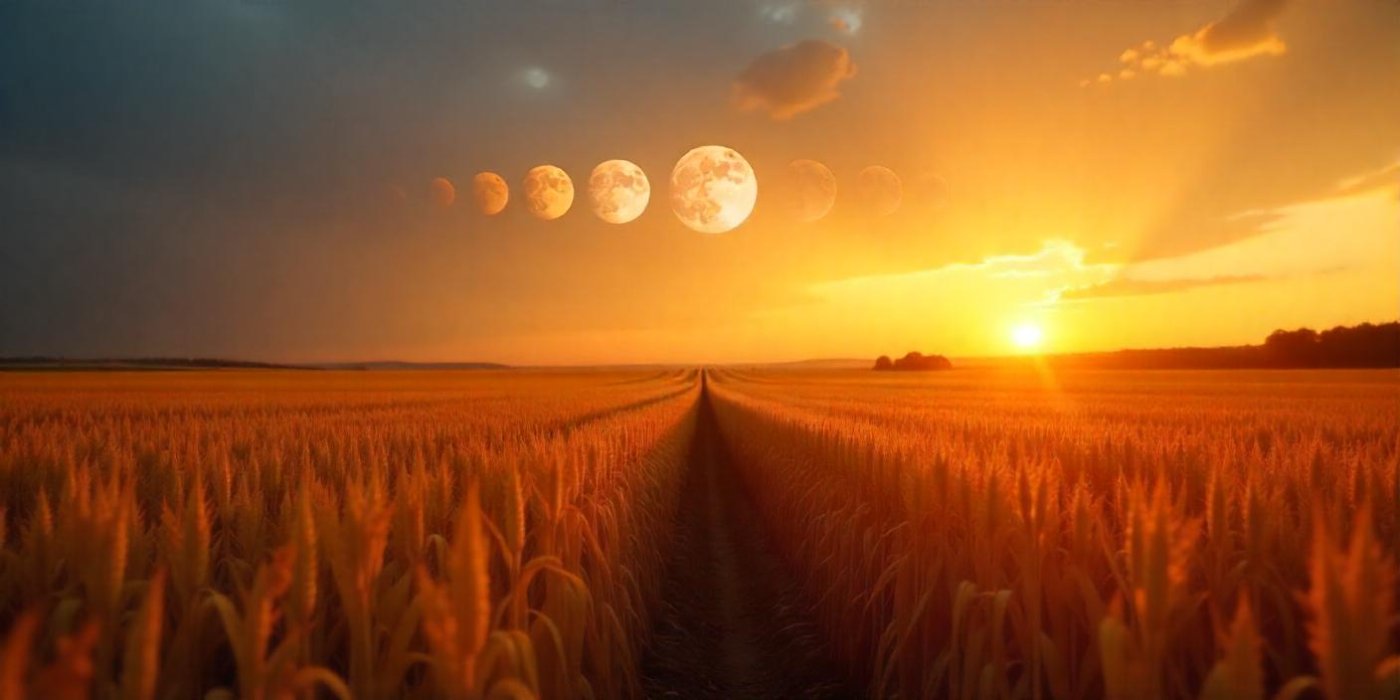 Atardecer en predio de trigo con las fases lunares