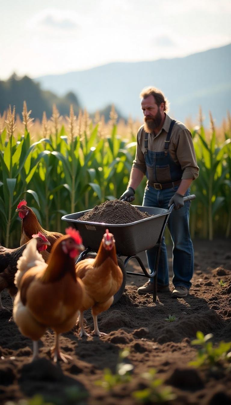 Imagen creada con la IA de agricultor acarreando gallinaza para sus cultivos