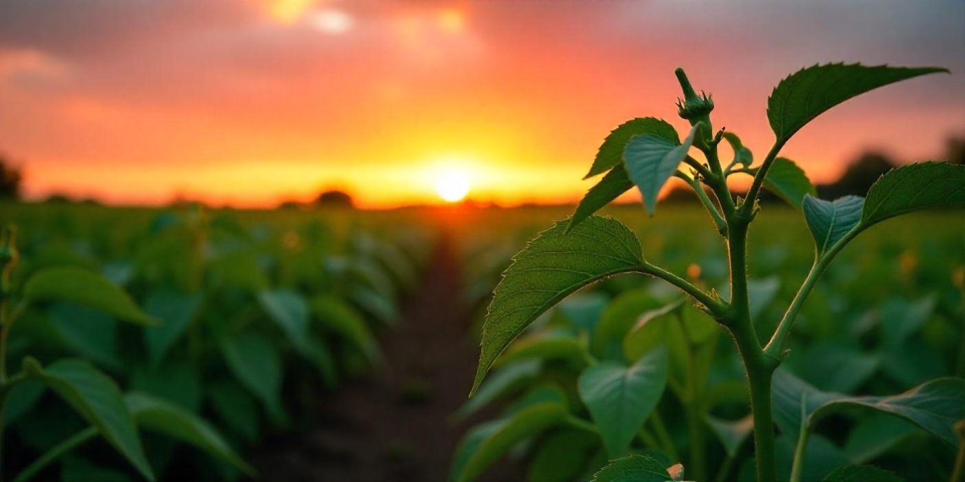 cultivo de pimientos con un atardecer al fondo